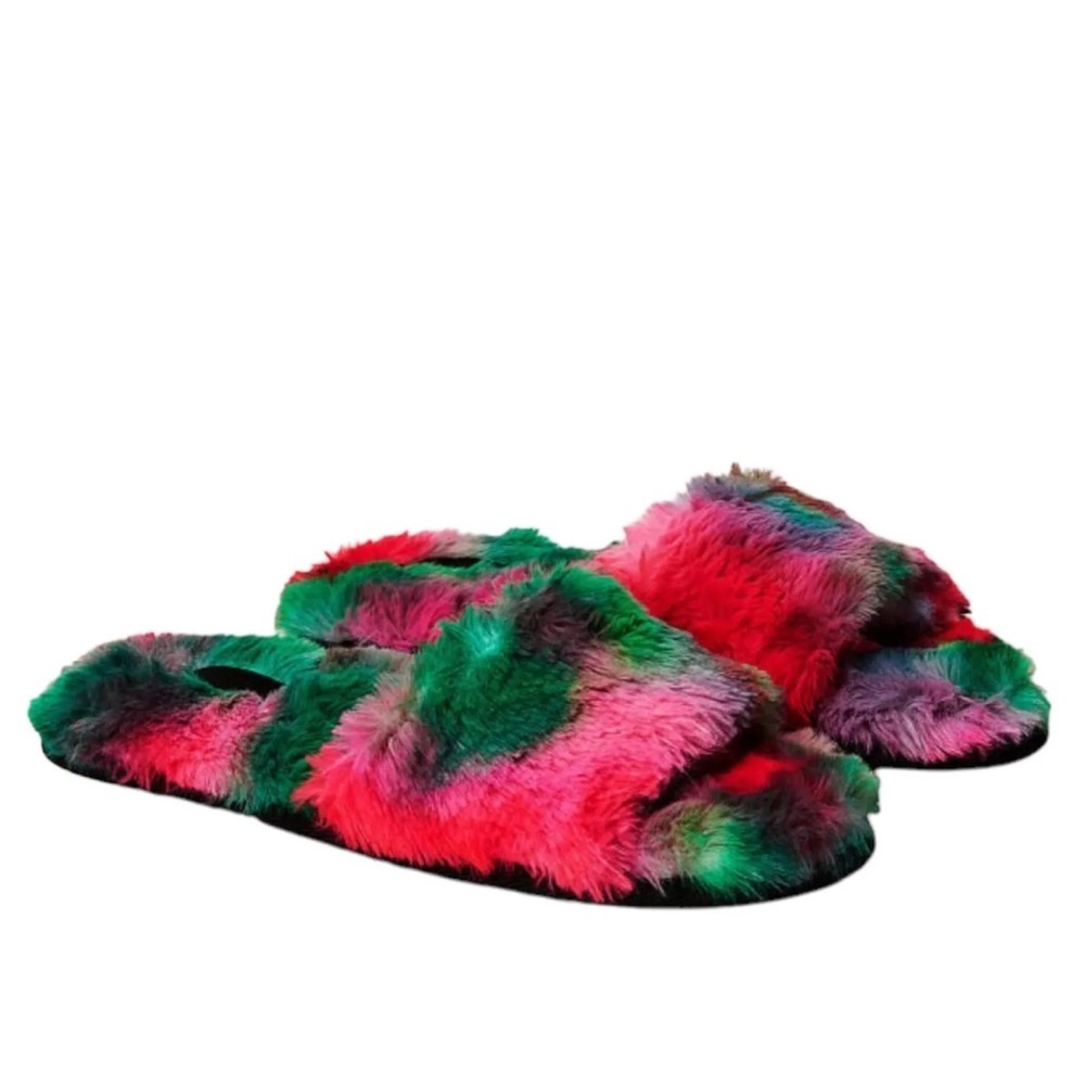 PINK SOFT PLUSH FAUX FUR COLORFUL SLIDE SLIPPERS SMALL 5/6 New with Tag